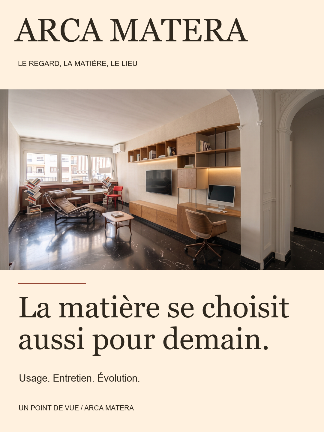Visuel fourni dans le dossier Réalisations ARCA MATERA : le mobilier compose le lieu. Un aménagement mural qui relie plusieurs fonctions.