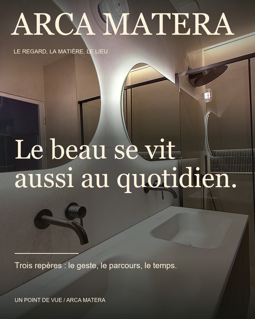 Visuel fourni dans le dossier Réalisations ARCA MATERA : courbes et reflets. Miroirs aux formes libres, lumière intégrée.